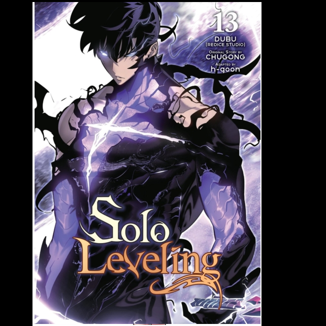 Solo Leveling Vol. 13. Comic book cover of 'Solo Leveling' with a character in a dynamic pose against a purple background.