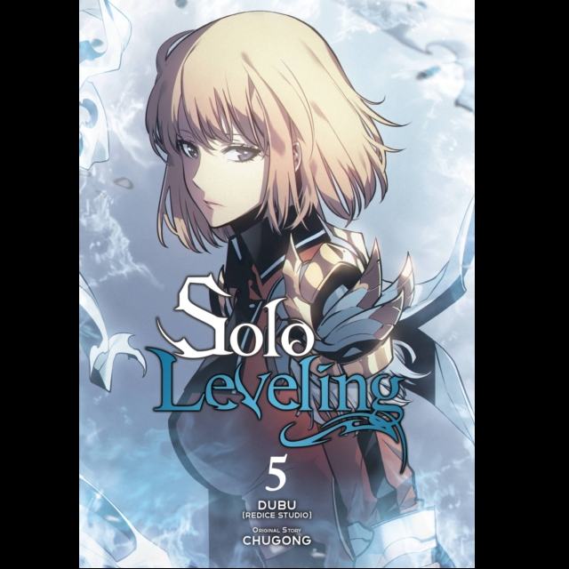 Solo Leveling, Vol. 5. Manga book cover titled 'Solo Leveling' with an anime character on a light blue background