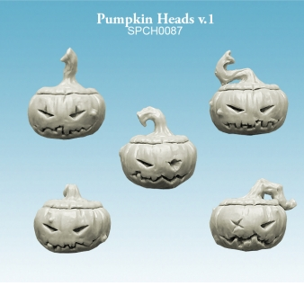 Spellcrow Pumpkin Heads V.1. Five pumpkin head sculptures on a blue background with 'Pumpkin Heads v.1' text.