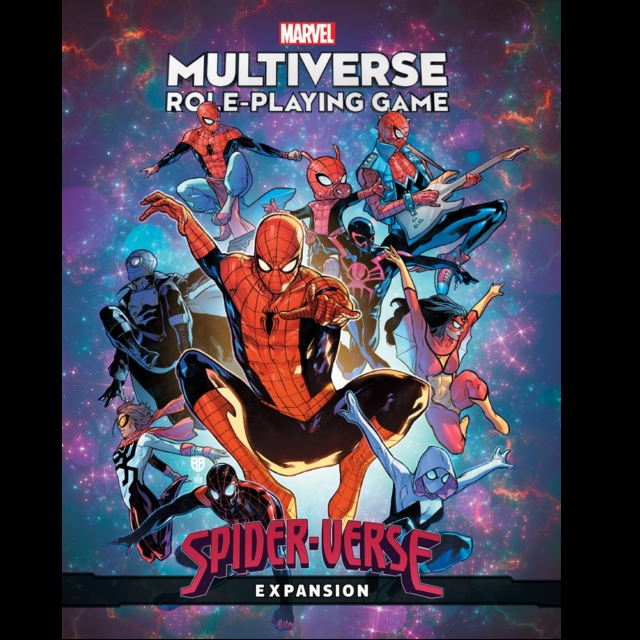Cover of Marvel Multiverse Role-Playing Game: Spider-Verse Expansion featuring Spider-Man variants from across the Multiverse. A 256-page hardback filled with RPG content.