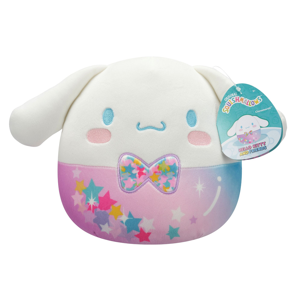 Squishmallow 8" Cinnamoroll Plush. Cute plush toy with a colourful bow and star pattern on a white background