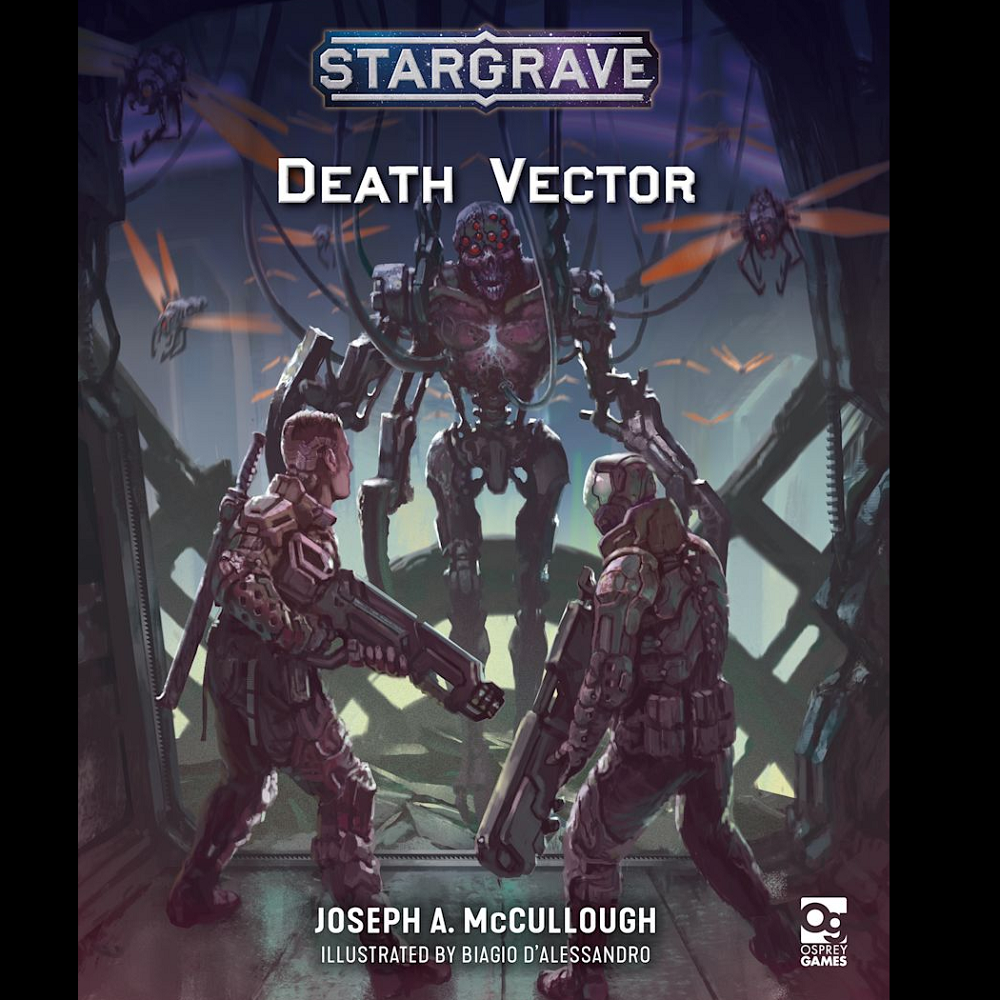 Stargrave: Death Vector cover showcasing dynamic artwork of cyborg automatons and a dark, futuristic landscape, highlighting the themes of AI and cyberpunk technology.