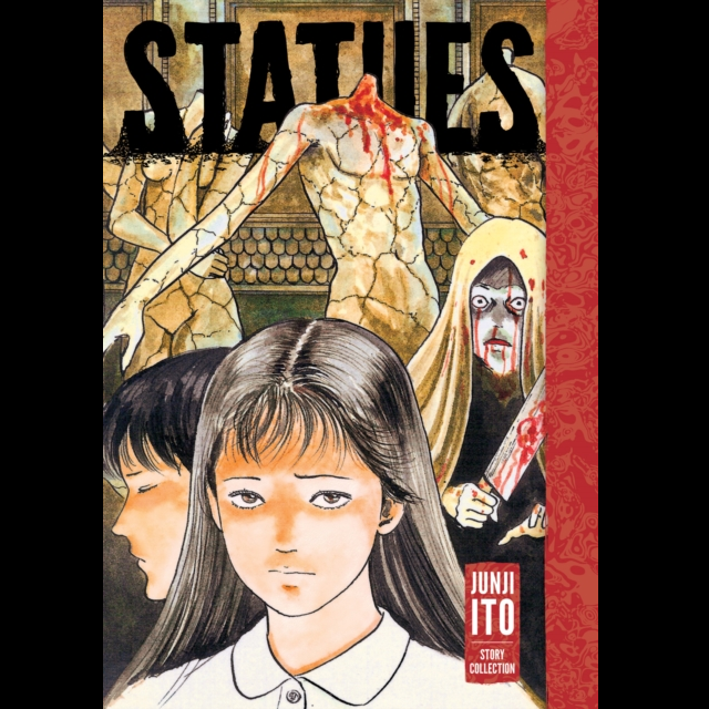 Book cover of 'Statues' by Junji Ito with a woman's face and statues in the background. Statues Junji Ito Story Collection manga paperback Viz Signature horror anthology headless statues cover art