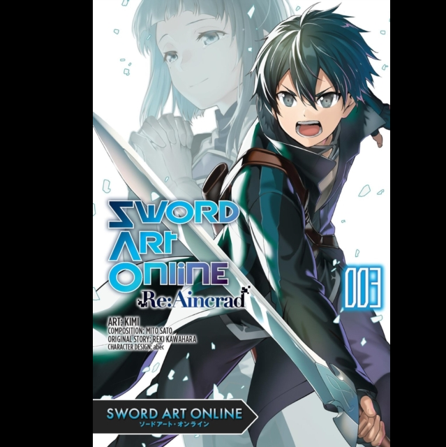 Sword Art Online Re:Amerad Volume 3 book cover art featuring a dynamic anime-style illustration of a male character with dark teal hair holding a sword, with a faded female character in the background and the title text 'Sword Art Online Re:Amerad' and volume number '003'. Sword Art Online Re: Aincrad Vol. 3 manga paperback