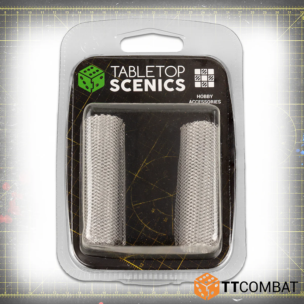 TTCombat Wire Mesh hobby rolls for miniature terrain and fencing. Packaged product for tabletop sceneries with 'Tabletop Scenics' branding on a grey background.
