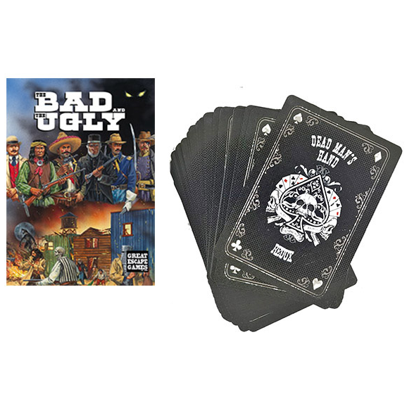 Dead Man’s Hand: The Bad & The Ugly Card Deck. 63mm x 88mm cards with Jacks, Queens, Kings, Aces, and faction cards for 13 unique groups. Full-sized set.
