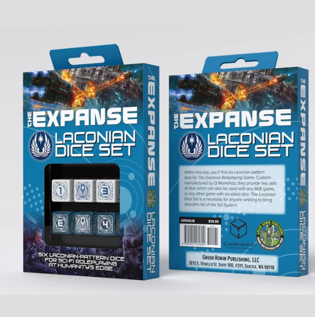 The Expanse Laconian Dice Set box shown from both front and back, featuring blue packaging with sci-fi artwork, a window displaying patterned dice, and product details on a light grey background. The Expanse Laconian Dice Set - Sci-Fi RPG
