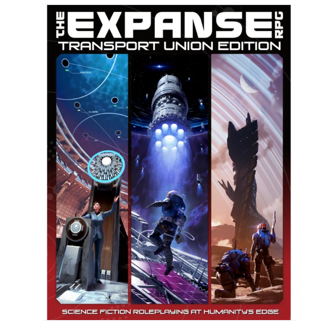 The Expanse: Transport Union Edition book cover for science fiction roleplaying, featuring three vertical sci-fi panels with a space station, a futuristic city scene, and a desert wasteland under a crescent moon. The Expanse RPG Transport Union Edition