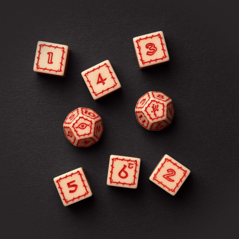 Set of 8 engraved white dice with red engravings for The One Ring™, including D12 Feat Dice and D6 Success Dice for Middle-earth role-playing games.