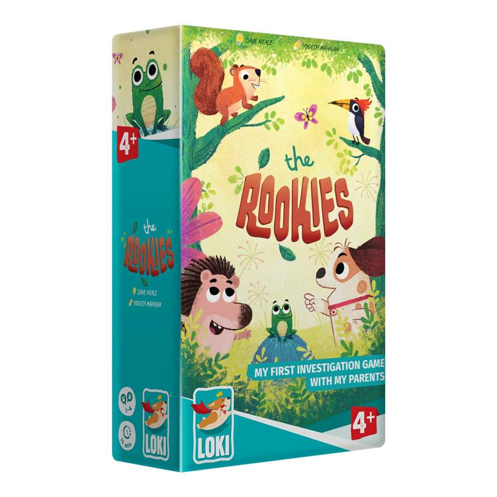 Children's game box titled 'The Rooklies' with colourful illustrations on a white background. The Rookies