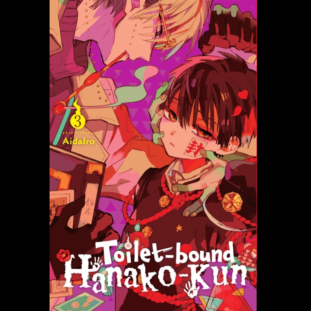 Illustrated book or manga cover art featuring an anime-style character in a dark outfit with red cord details, surrounded by colorful objects and text reading 'Toilet-bound Hanako-Kun' and 'Aidolfo.'. Toilet-bound Hanako-kun, Vol. 3