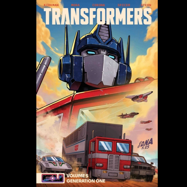 Transformers Volume 5 Generation One comic book cover art featuring Optimus Prime, a red semi-truck, a black pickup truck, and smaller vehicles under a blue and orange sky, with the Transformers title at the top and creator names Krickman, Harkness, Cobina, Spicer, and Stern. Transformers Vol. 5 Robert Kirkman graphic novel paperback