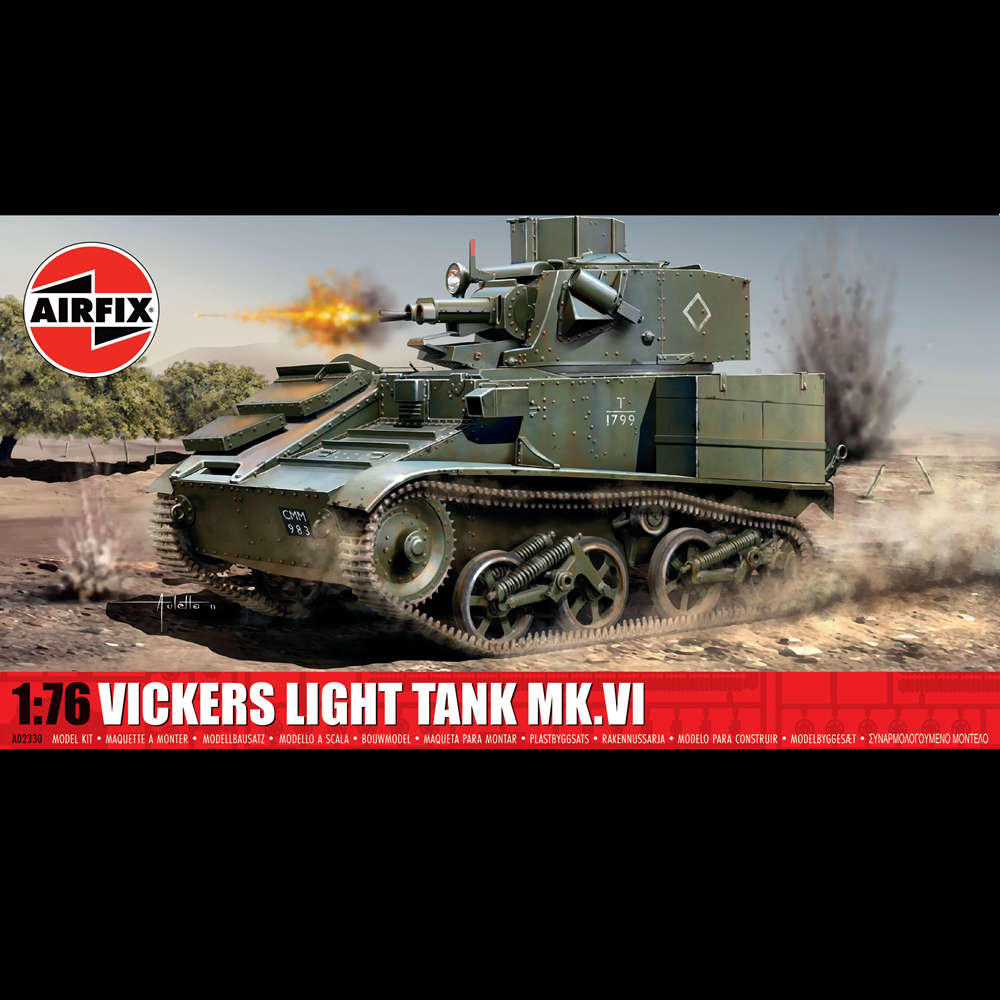 Airfix 1:76 scale model kit packaging for the Vickers Light Tank Mk.VI, featuring a dynamic illustration of the olive green tank in a desert battle scene with a red banner at the bottom. Vickers Light Tank Mk.VI A/B/C 1:76 Airfix Scale Model