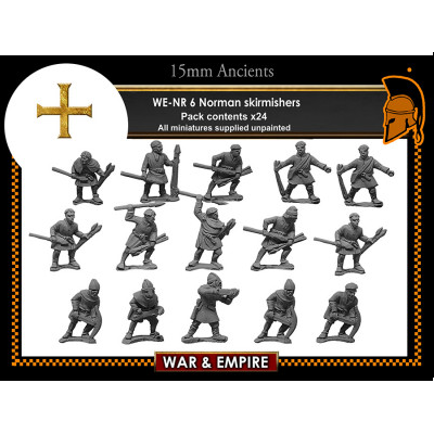 Norman Skirmishers 15mm scale metal miniatures (WE-NR06), unpainted infantry figures for historical wargames, painting, and Norman-themed dioramas.
