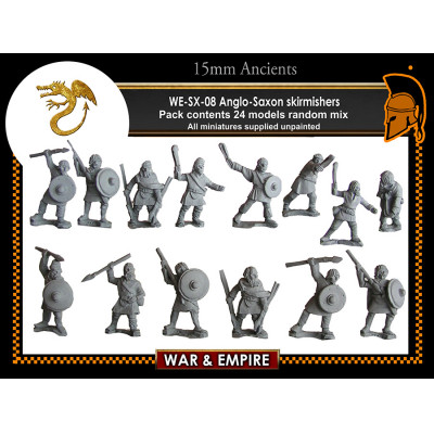 War & Empire Saxon Skirmishers 15mm scale metal miniatures (WE-SX08), unpainted infantry figures for historical wargames, Saxon armies, and dioramas.