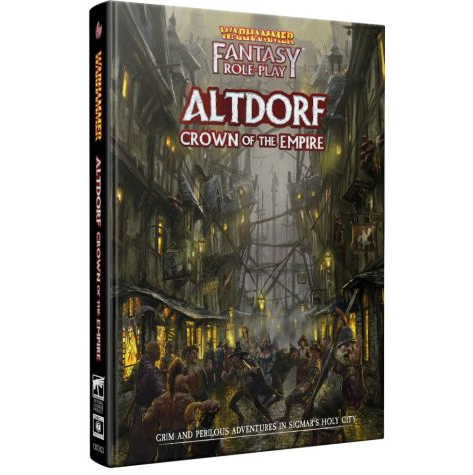Fantasy role-play game book titled 'Altdorf Crown of the Empire' by Warhammer on a white background. Warhammer Fantasy Roleplay Altdorf Crown of the Empire sourcebook with city map and artwork