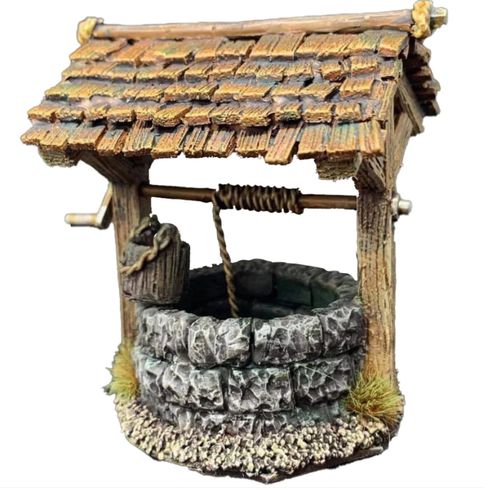 The Well miniature features a covered design, measuring 40mm in all dimensions, crafted from resin and requiring assembly for a tailored addition to village-themed games.
