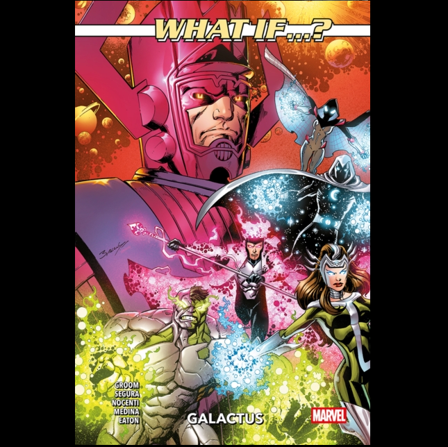 Comic book cover featuring characters from 'What If...?' with Galactus, Marvel logo.