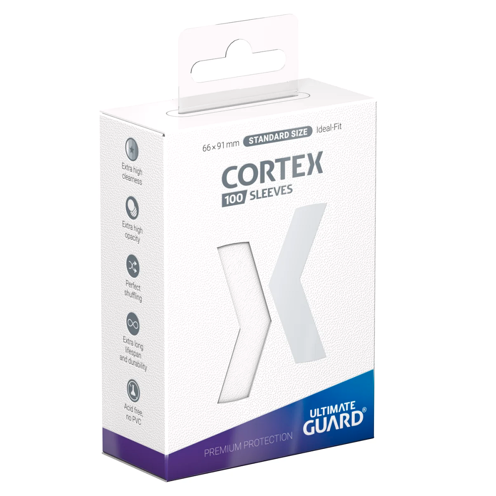 White Cortex Sleeves Standard Size . Box of Cortex sleeves by Ultimate Guard on a white background