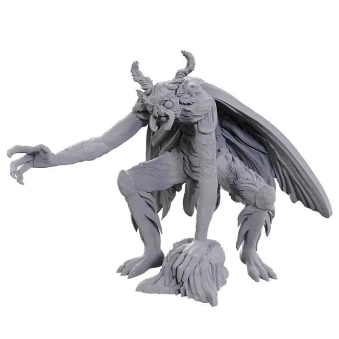 A gray unpainted fantasy monster figurine or miniature, shown in a crouching pose with wings spread, on a plain white background. WizKids Deep Cuts Mothman primed miniature ready to paint