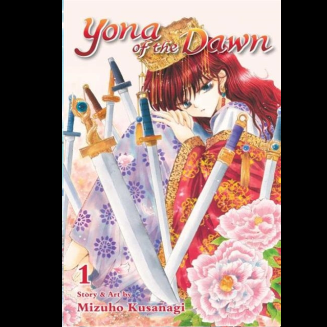 Front cover of the manga book 'Yona of the Dawn Volume 1' by Mizuho Kusanagi, featuring an anime-style illustration of a red-haired woman in ornate traditional clothing surrounded by swords and large pink flowers. Yona of the Dawn, Vol. 1 - A Mizuho Kusanagi Manga
