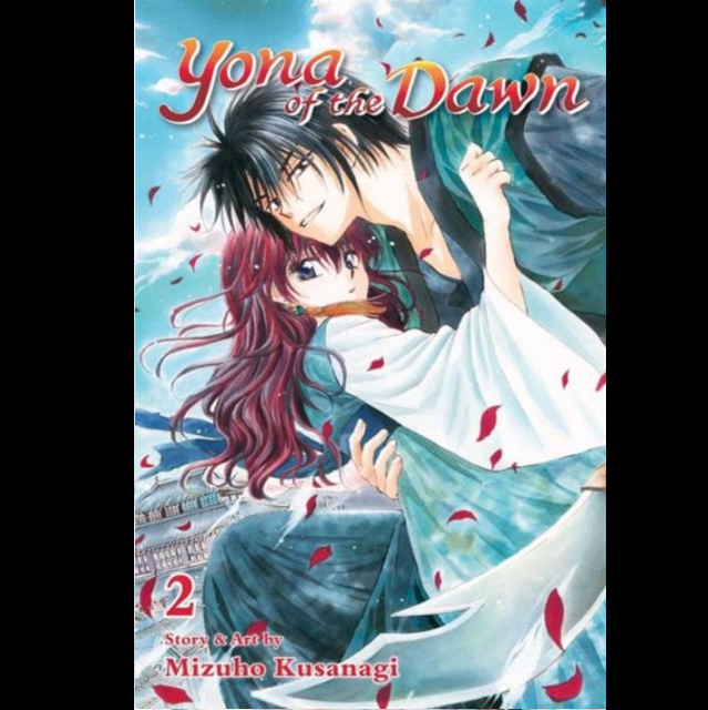 Manga volume cover for 'Yona of the Dawn' showing two anime-style characters embracing, with the title at the top and the author name Mizuho Kusanagi at the bottom. Yona of the Dawn, Vol. 2 - A Mizuho Kusanagi Manga