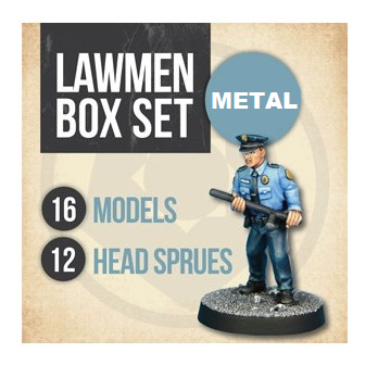 Lawmen Starter Set. A set of 16 white metal models with rifles, SMGs, pistols, and hand weapons. Includes 12 head sprues for customisation. Supplied unpainted.