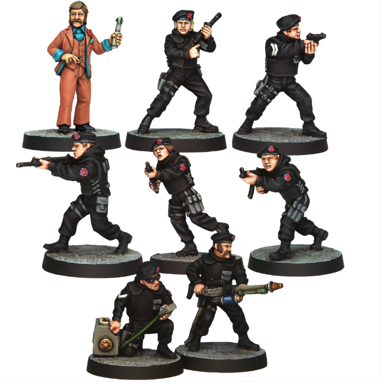 Department X Starter Cast. A set of 8 white metal miniatures, including agents and commandos. Supplied unpainted with 25mm round slot bases. Perfect for cinematic skirmishing.