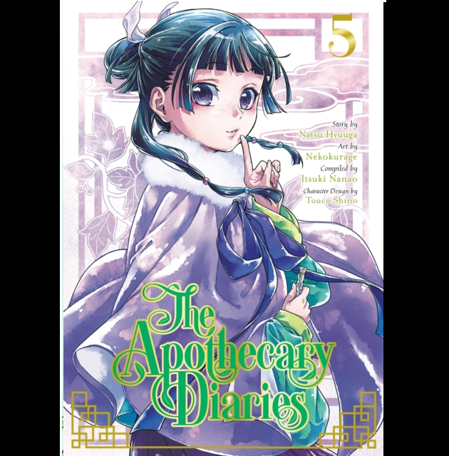 Manga book cover of 'The Apothecary Diaries' with an illustrated character holding a butterfly. The Apothecary Diaries Volume 5 manga paperback by Natsu Hyuuga Itsuki Nanao historical mystery graphic novel cover art