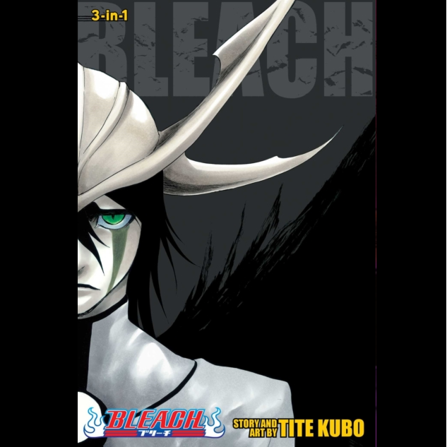 Bleach manga volume cover featuring a close-up of the character Eizenji with a white horned helmet, green eye, and black hair against a dark background. The title 'BLEACH' appears at the top, with '3-in-1' and 'Story and Art by Tite Kubo' text at the bottom. Bleach 3 in 1 Edition Vol. 14 (40,41&42) - Paperback Manga by Tite Kubo