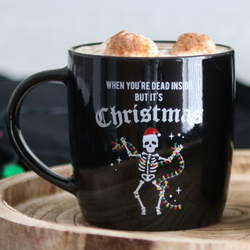 When You're Dead Inside But It's Christmas Mug - Merry Cryptmas. Black mug with a skeleton holding Christmas lights