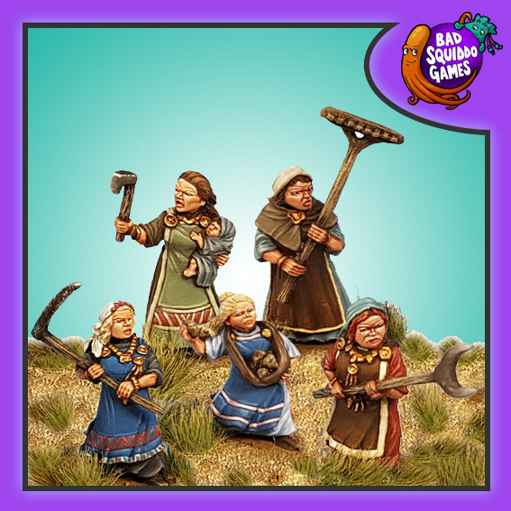 dark ages female villagers defending their homes from attack using general farming tools that they have to hand. Gaming miniatures