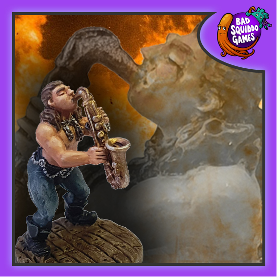 Sergio the Sax Man is a metal miniature from Bad Squiddo Games. a male shirtless, long haired saxophone player