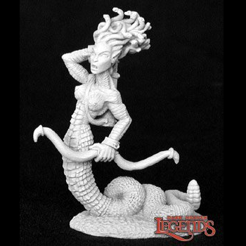 Reaper Miniatures 02833 Medusa sculpted by Bobby Jackson for the dark heaven legends metal miniatures range, a bow holding female snake metal miniature