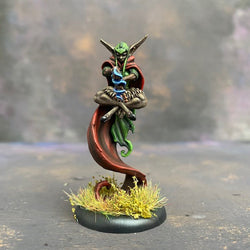 Raegan Priestess from the Monnstone malachite mystics troupe box pre painted by Mrs MLG. This Leshavult priestess miniature is painted with reds, browns, blue and greens.