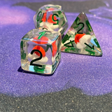 Christmas hat RPG Dice set. cool dice have festive green numbers and contain a cute Christmas hat in the traditional red and white colours
