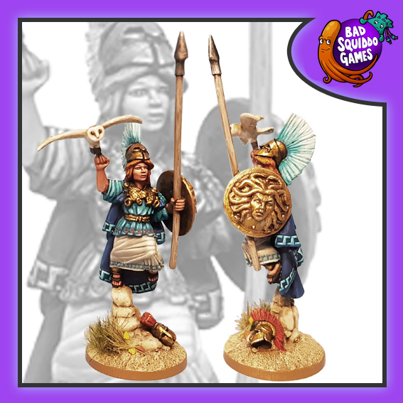 Bad Squiddo Games Metal Gaming Miniatures, Athena with a spear, owl and medusa decorated shield.