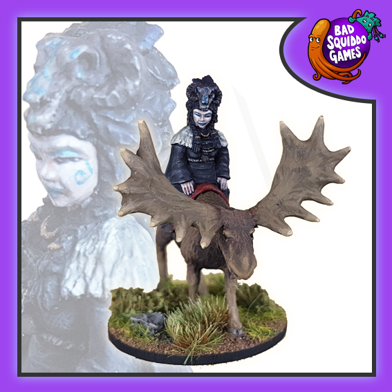 Bad Squiddo Games Metal Gaming Figure. Norse Witch on Moose by Bad Squiddo Games, this female witch is riding casually on her moose