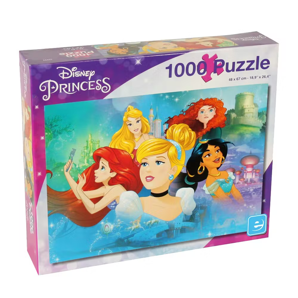 Disney Princess 1000 Piece Jigsaw Puzzle featuring some of your favourite the Disney Princesses Ariel, Cinderella, Jasmine, Aurora and Merida with scenes from their homeland in the background.