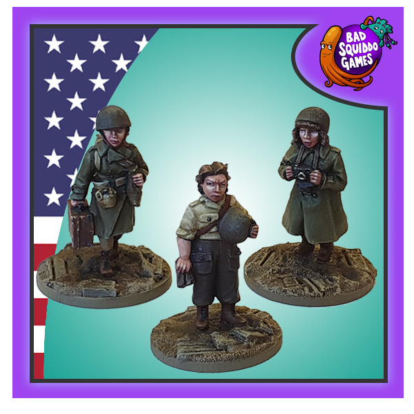 Bad Squiddo Games. three metal miniatures representing Ruth Cowan, Lee Miller & Toni Frissell