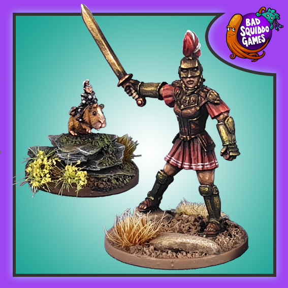 Thea, Amazon Champion holding out her sword and her companion Pixie scout riding a trusty Guinea pig