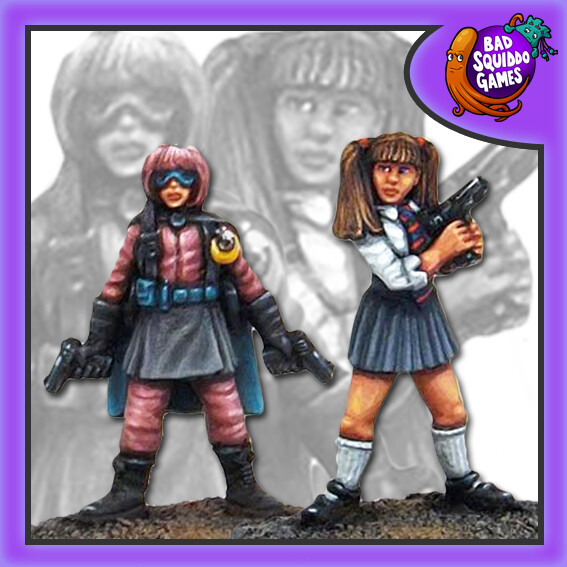 Hope and Grace a set of two Vigilante School Girls by Bad Squiddo sculpted by Mark Evans. With two different looks these school chums will make a great edition to your gaming table, diorama and more. One has a super hero style appearance wearing a mask and cape while the other has her hair in pigtails and is sporting her school uniform complete with long socks and perfectly placed tie, both hold guns in a ready for action pose.