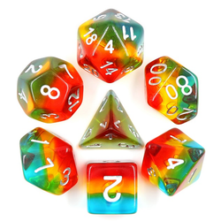 Aurora Sunset Dusk Poly Dice Set is a set of rich blue, red and yellow stripe rainbow dice
