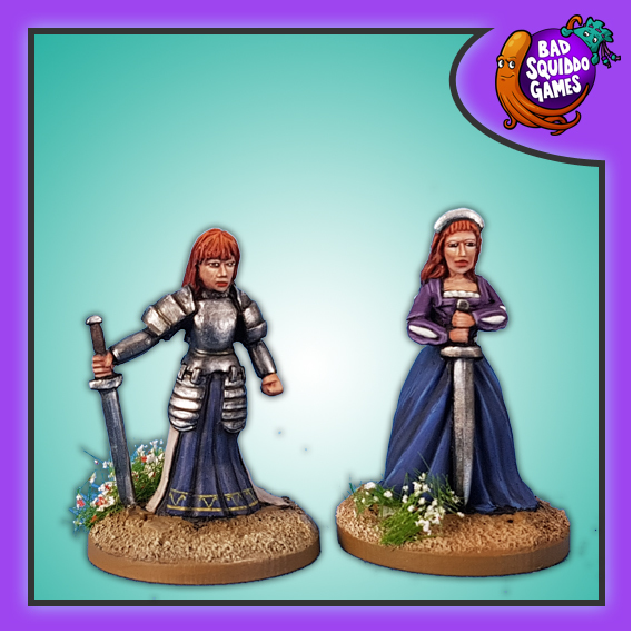 Bad Squiddo Games metal gaming figures, Caterina Sforza this lady in both combat and non combat dress both holding a sword