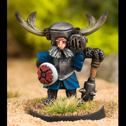 Sir Venerable from Northumbrian Tin Solider range of Nightfolk. This metal miniature depicts a very characterful knight with the visor of his antler adorned helm open and his weapon down as if using it to lean on