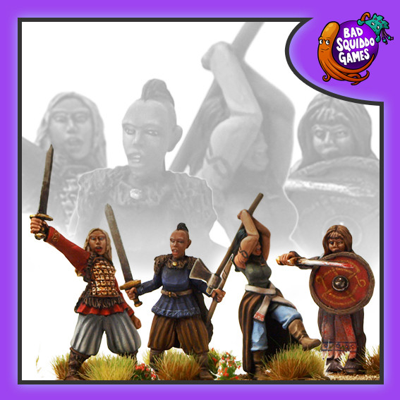 Shieldmaiden Fanatics- BFM007 by Bad Squiddo Games. metal gaming miniatures of female warriors holding sword and one with an axe over her head ready to bring crashing down