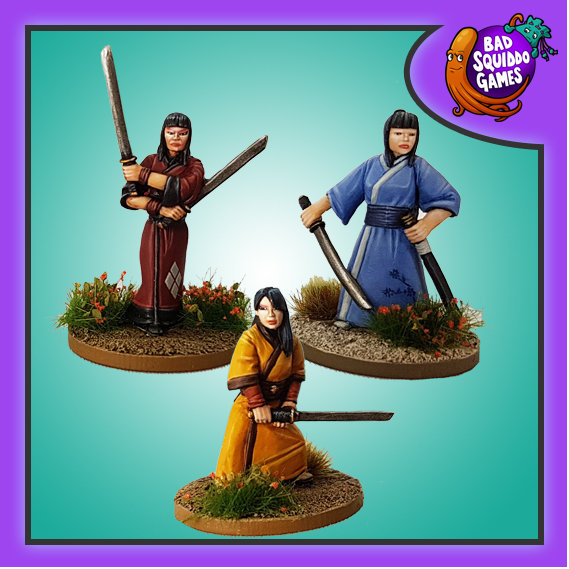 Bad Squiddo metal gaming figures, Feudal Japan ladies preparing to defend their home