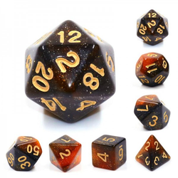 Mythic twilight sparkle RPG dice, dice have orange and black swirling shimmering colour and gold numbers.