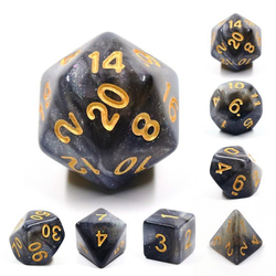 Mythic silver sparkle RPG dice. black and grey swirling shimmering colour and gold numbers