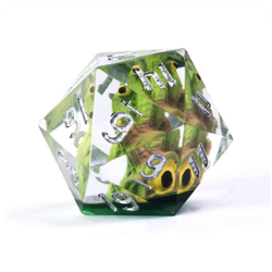 D20 dice with a captured green Beholder entombed inside